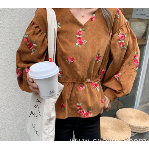 Custom Floral Blouse Autumn 2020 new fashion casual V-neck embroidered top Manufactory